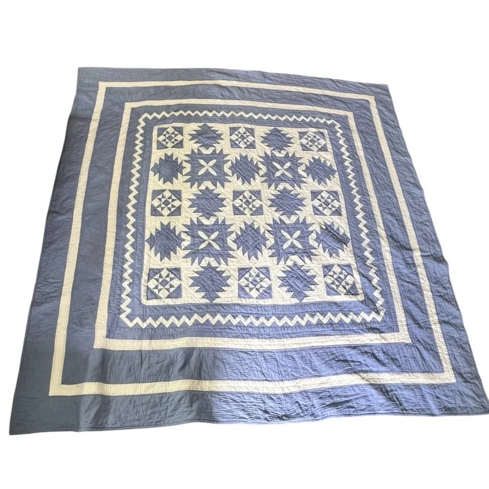 Vintage Cornflower Blue & White Handmade Quilt Sampler Geometric Zig Zag 85x90